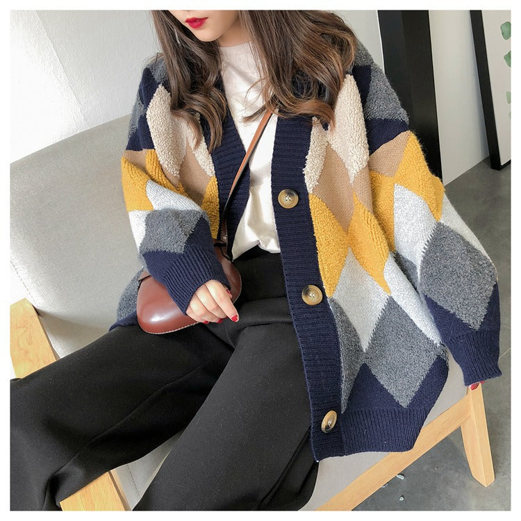 2026 Autumn/Winter New Style Cardigan Sweater for Women, Knitted, Lazy Style, V-neck, Diamond Pattern, Loose Fit, Unique Style