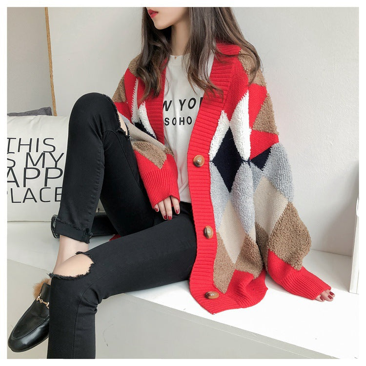 2026 Autumn/Winter New Style Cardigan Sweater for Women, Knitted, Lazy Style, V-neck, Diamond Pattern, Loose Fit, Unique Style