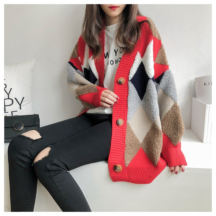2026 Autumn/Winter New Style Cardigan Sweater for Women, Knitted, Lazy Style, V-neck, Diamond Pattern, Loose Fit, Unique Style