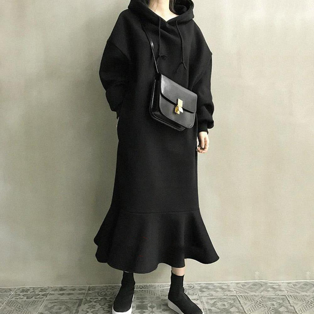 2026 Korean and Japanese Style Autumn/Winter Loose-fitting Hooded Sweatshirt Dress, Over-the-Knee Fishtail Long Dress