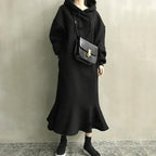 2026 Korean and Japanese Style Autumn/Winter Loose-fitting Hooded Sweatshirt Dress, Over-the-Knee Fishtail Long Dress