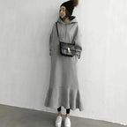 2026 Korean and Japanese Style Autumn/Winter Loose-fitting Hooded Sweatshirt Dress, Over-the-Knee Fishtail Long Dress