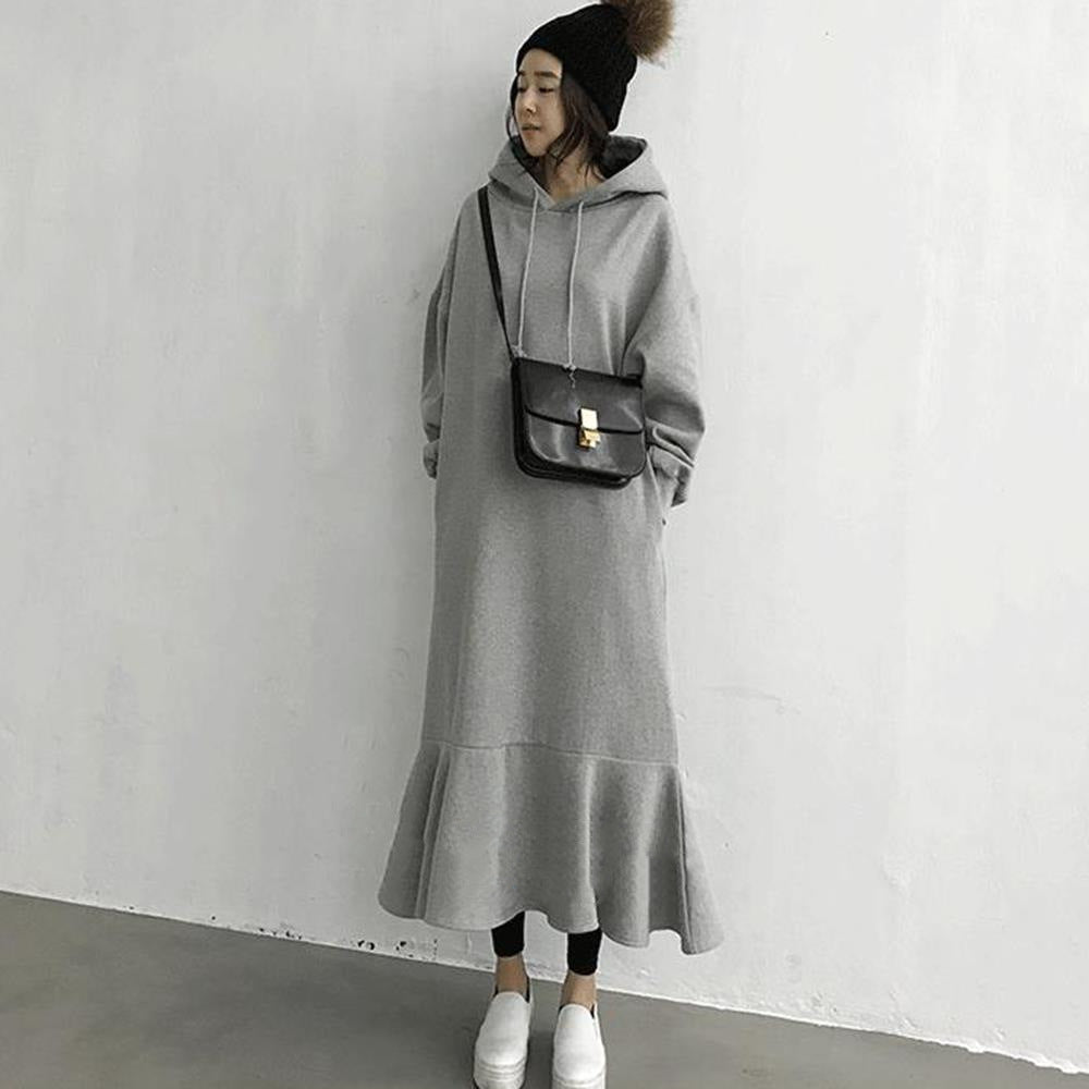 2026 Korean and Japanese Style Autumn/Winter Loose-fitting Hooded Sweatshirt Dress, Over-the-Knee Fishtail Long Dress