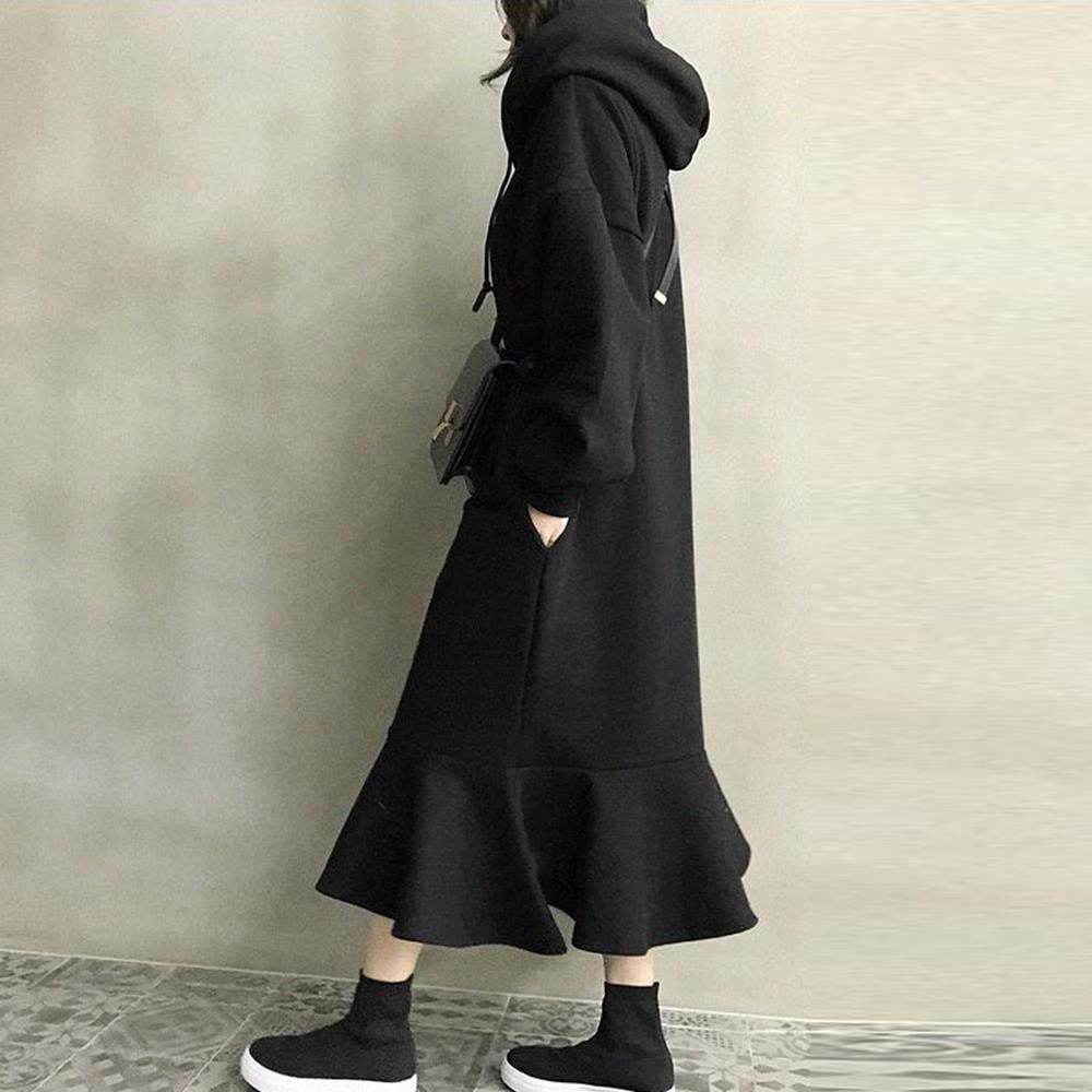 2026 Korean and Japanese Style Autumn/Winter Loose-fitting Hooded Sweatshirt Dress, Over-the-Knee Fishtail Long Dress