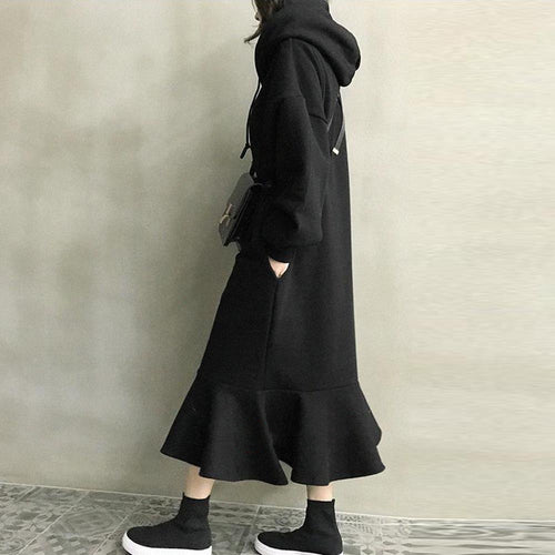 2026 Korean and Japanese Style Autumn/Winter Loose-fitting Hooded Sweatshirt Dress, Over-the-Knee Fishtail Long Dress