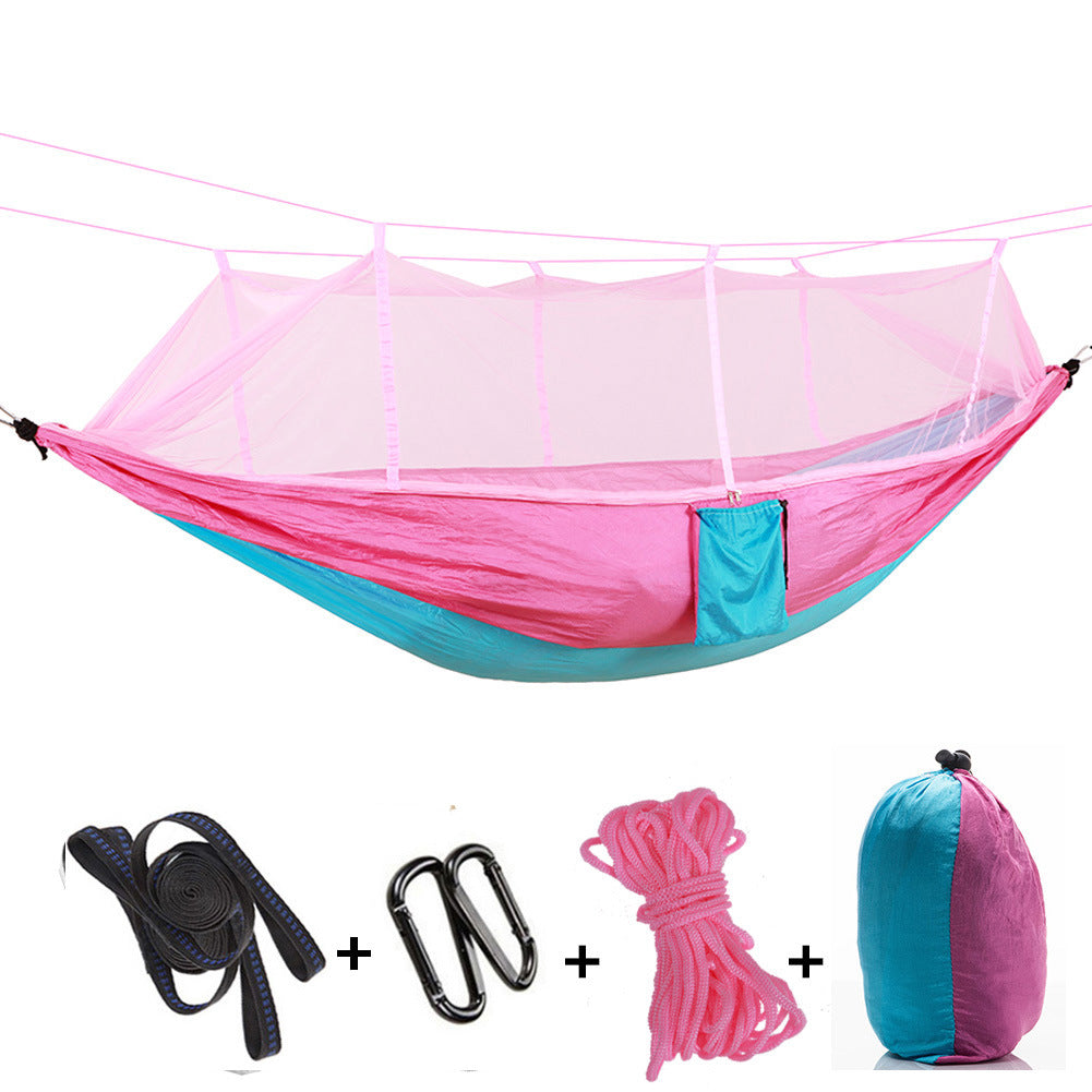 Hammock outdoor with mosquito net, anti-rollover mesh parachute cloth camping swing with tree strap