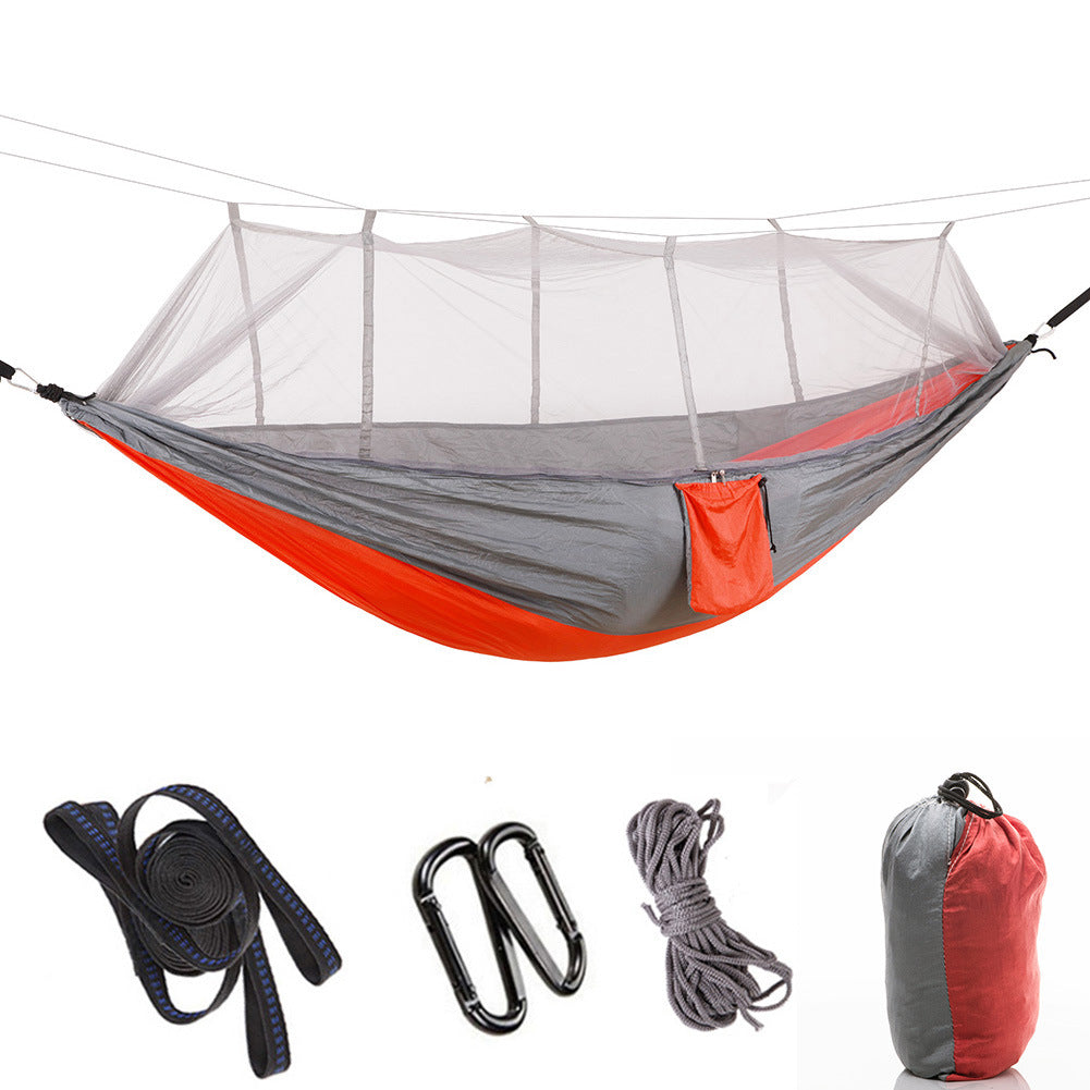 Hammock outdoor with mosquito net, anti-rollover mesh parachute cloth camping swing with tree strap