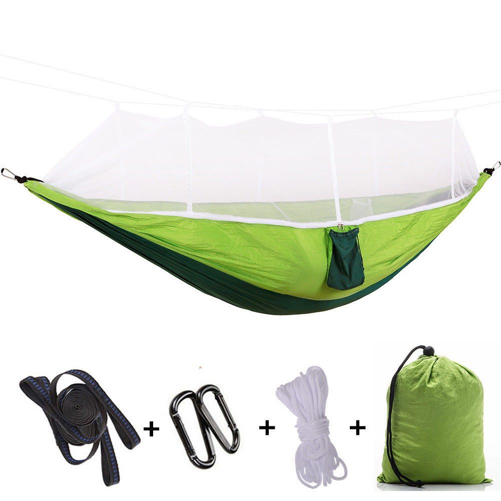 Hammock outdoor with mosquito net, anti-rollover mesh parachute cloth camping swing with tree strap