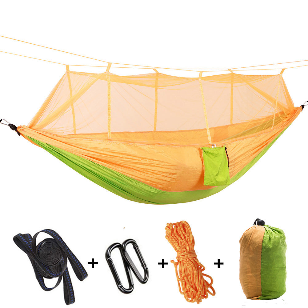 Hammock outdoor with mosquito net, anti-rollover mesh parachute cloth camping swing with tree strap