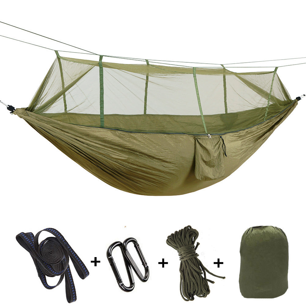 Hammock outdoor with mosquito net, anti-rollover mesh parachute cloth camping swing with tree strap
