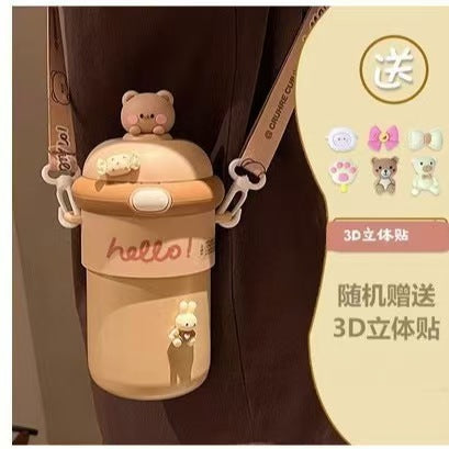 New cartoon water bottle for schoolgirls with strap, anti-scalding and heat-insulating glass cup, suitable as a gift for company team building or opening events.