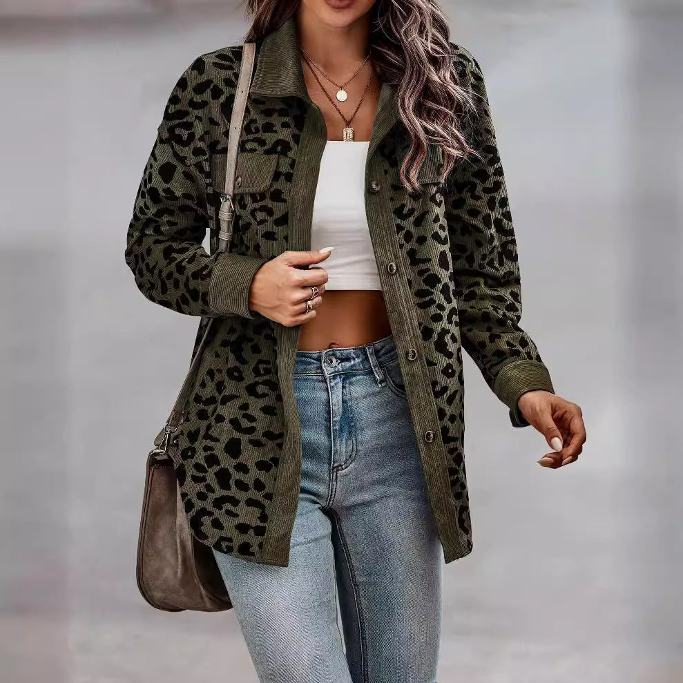 2026 Casual Style Cross-border Women's Clothing Autumn and Winter Fashion Leopard Print Button-down Long-sleeved Jacket