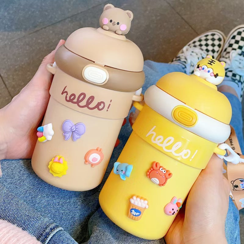 New cartoon water bottle for schoolgirls with strap, anti-scalding and heat-insulating glass cup, suitable as a gift for company team building or opening events.