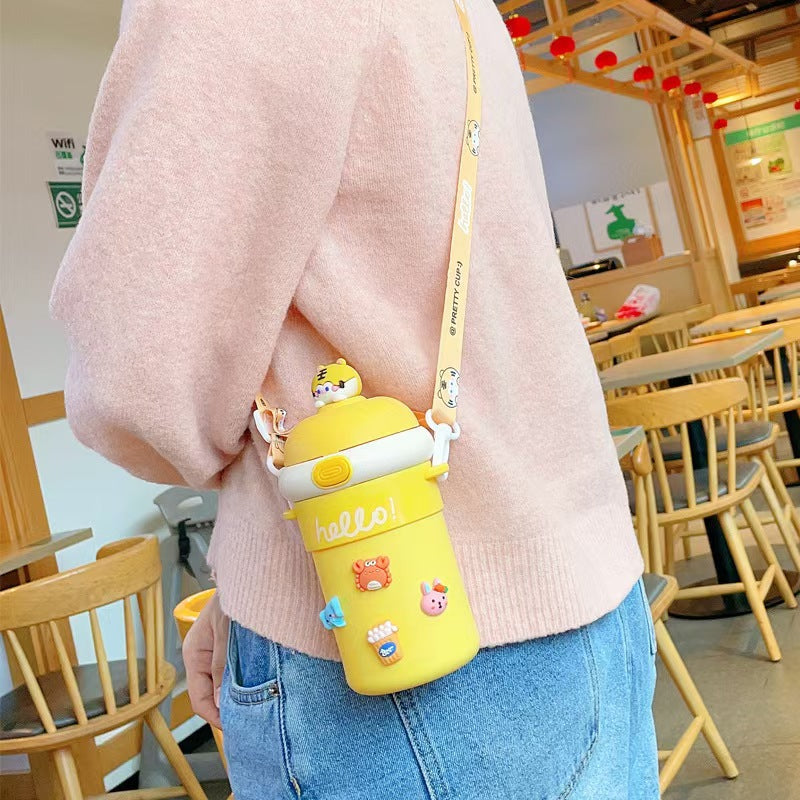 New cartoon water bottle for schoolgirls with strap, anti-scalding and heat-insulating glass cup, suitable as a gift for company team building or opening events.