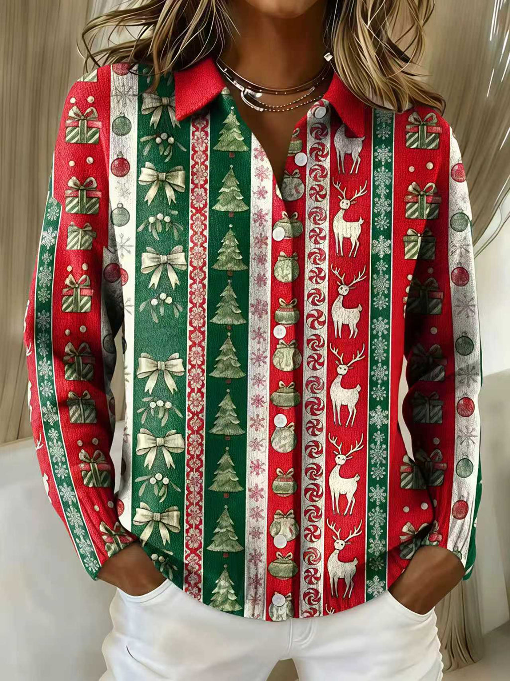 2026 New Women's Shirt, Collared Cardigan, Solid Color Knit 3D Print, Christmas Autumn/Winter
