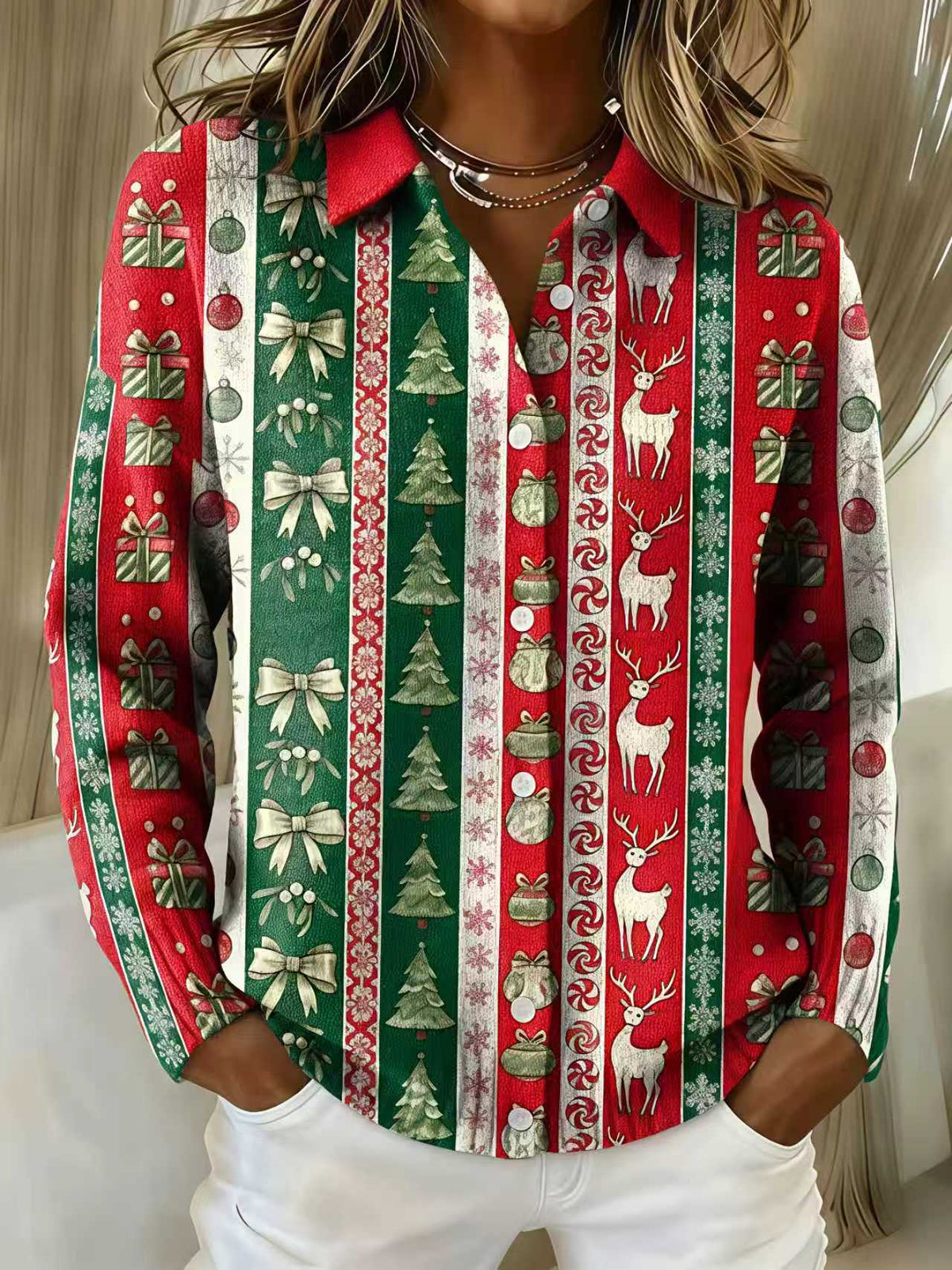 2026 New Women's Shirt, Collared Cardigan, Solid Color Knit 3D Print, Christmas Autumn/Winter