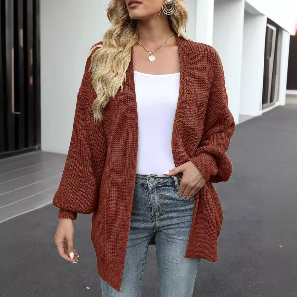 Women's lantern sleeve chunky knit cardigan 2026 autumn and winter new pocket knit sweater women's coat