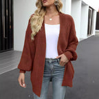Women's lantern sleeve chunky knit cardigan 2026 autumn and winter new pocket knit sweater women's coat