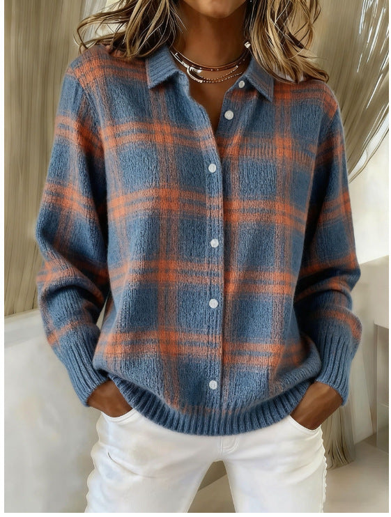 2026 New Women's Shirt, Collared Cardigan, Solid Color Knit 3D Print, Christmas Autumn/Winter