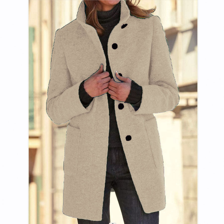 2026 Autumn/Winter Women's Clothing New Arrival Solid Color Button Stand Collar Woolen Coat