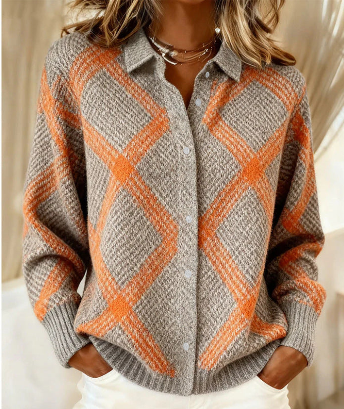 2026 New Women's Shirt, Collared Cardigan, Solid Color Knit 3D Print, Christmas Autumn/Winter