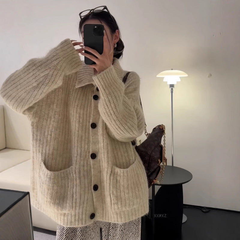 Korean Style Soft and Loose-fitting Lazy Style Sweater Cardigan 2026 Autumn/Winter New High-Neck Solid Color Knit Cardigan