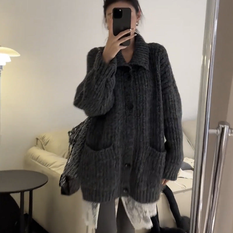 Korean Style Soft and Loose-fitting Lazy Style Sweater Cardigan 2026 Autumn/Winter New High-Neck Solid Color Knit Cardigan