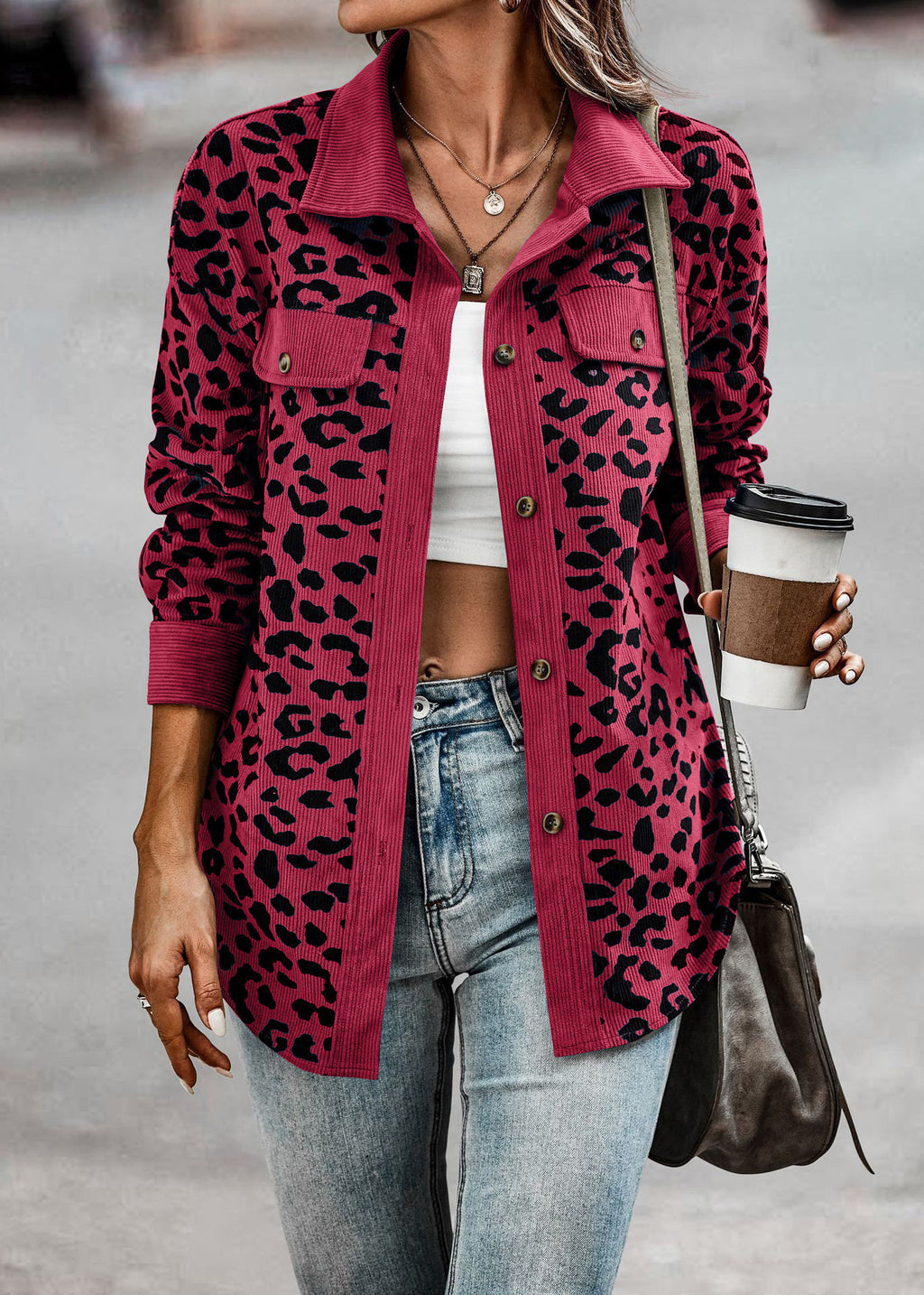 2026 Casual Style Cross-border Women's Clothing Autumn and Winter Fashion Leopard Print Button-down Long-sleeved Jacket