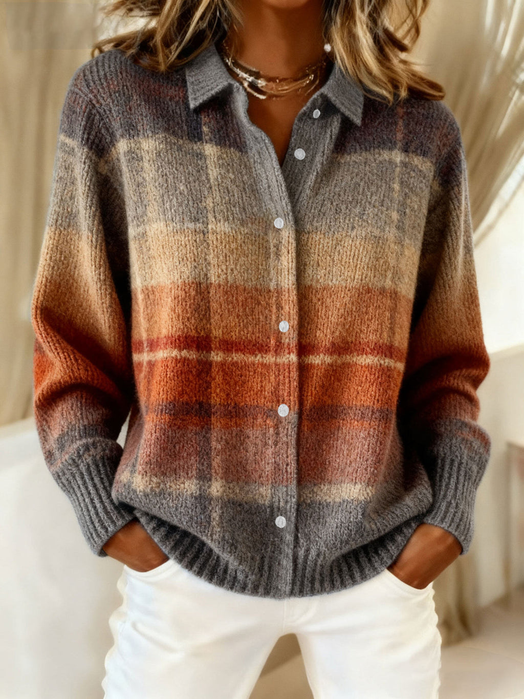 2026 New Women's Shirt, Collared Cardigan, Solid Color Knit 3D Print, Christmas Autumn/Winter