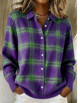 2026 New Women's Shirt, Collared Cardigan, Solid Color Knit 3D Print, Christmas Autumn/Winter
