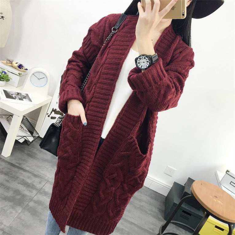 Women's Cross-Border Trade Sweater Coat 2026 Autumn/Winter New Korean Style Loose Cable Knit Solid Color Mid-Length Knit Cardigan