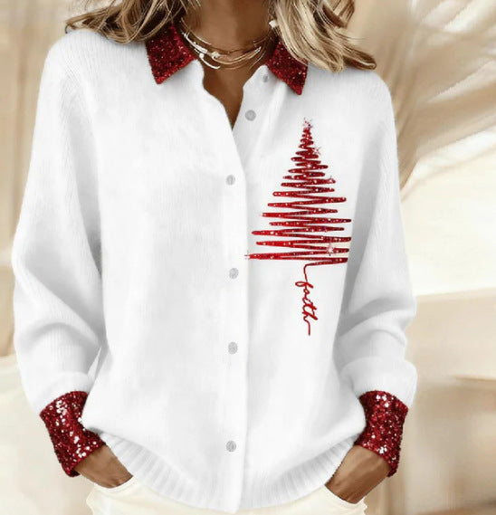 2026 New Women's Shirt, Collared Cardigan, Solid Color Knit 3D Print, Christmas Autumn/Winter