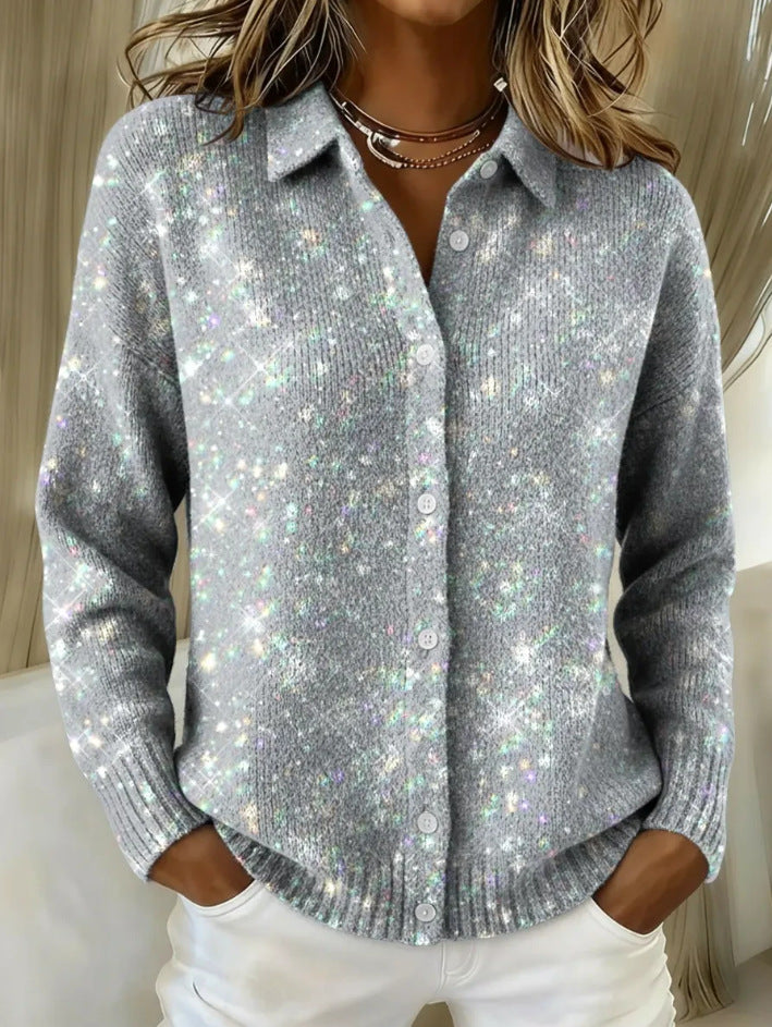 2026 New Women's Shirt, Collared Cardigan, Solid Color Knit 3D Print, Christmas Autumn/Winter