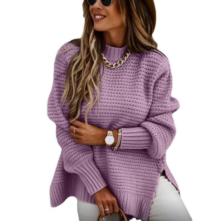 2026 Autumn/Winter New Semi-High Neck Loose Solid Color Long Sleeve Chunky Knit Side Slit Knit Sweater for Women