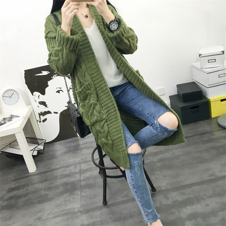 Women's Cross-Border Trade Sweater Coat 2026 Autumn/Winter New Korean Style Loose Cable Knit Solid Color Mid-Length Knit Cardigan