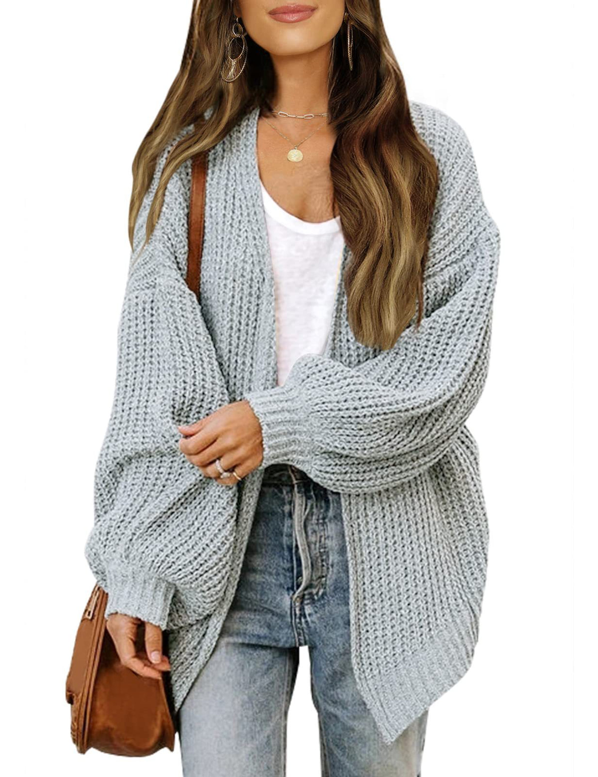 Women's lantern sleeve chunky knit cardigan 2026 autumn and winter new pocket knit sweater women's coat