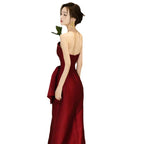 New Style High-End Wedding Dress for Brides, Petite Women, Satin Dress for Wedding Return Visit, Wine Red