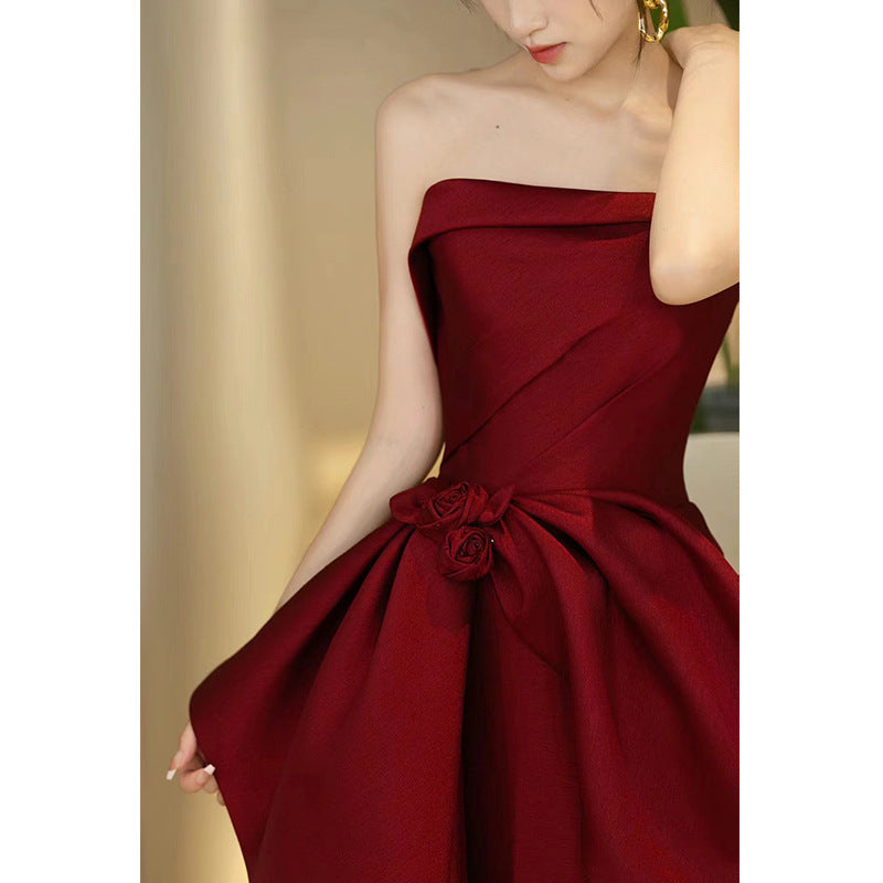 New Style High-End Wedding Dress for Brides, Petite Women, Satin Dress for Wedding Return Visit, Wine Red