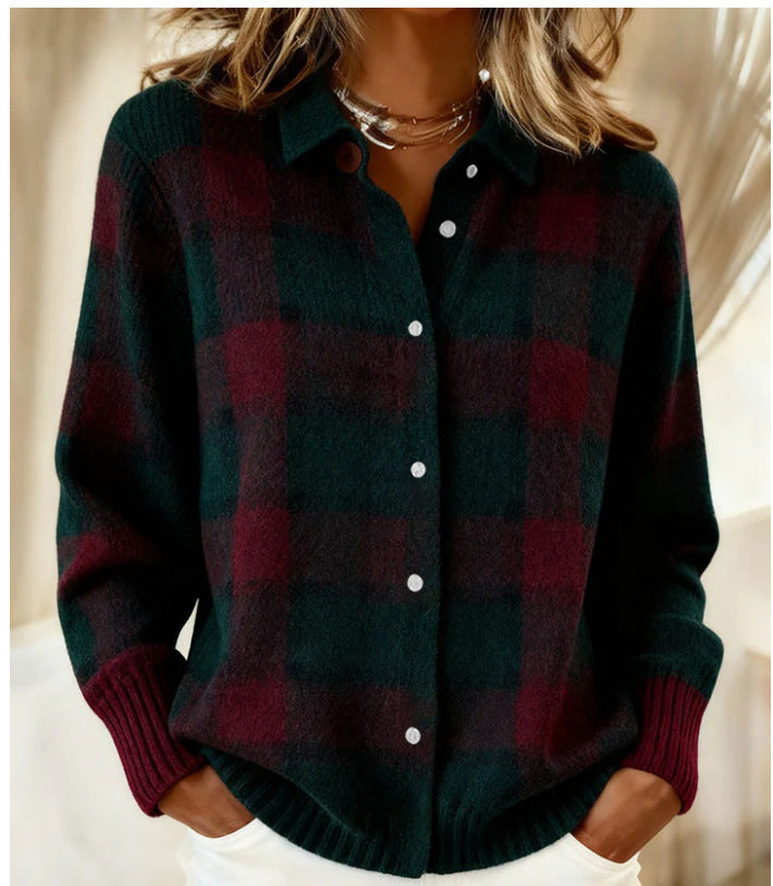 2026 New Women's Shirt, Collared Cardigan, Solid Color Knit 3D Print, Christmas Autumn/Winter