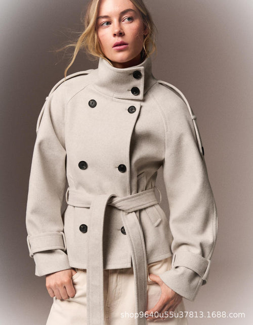 2026 Autumn/Winter New Style Short Double-Breasted Wool Coat Women's Stand Collar Tie-Waist Slim Fit Wool Overcoat