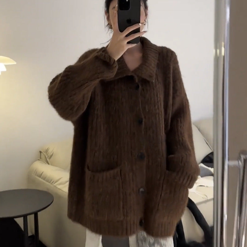 Korean Style Soft and Loose-fitting Lazy Style Sweater Cardigan 2026 Autumn/Winter New High-Neck Solid Color Knit Cardigan