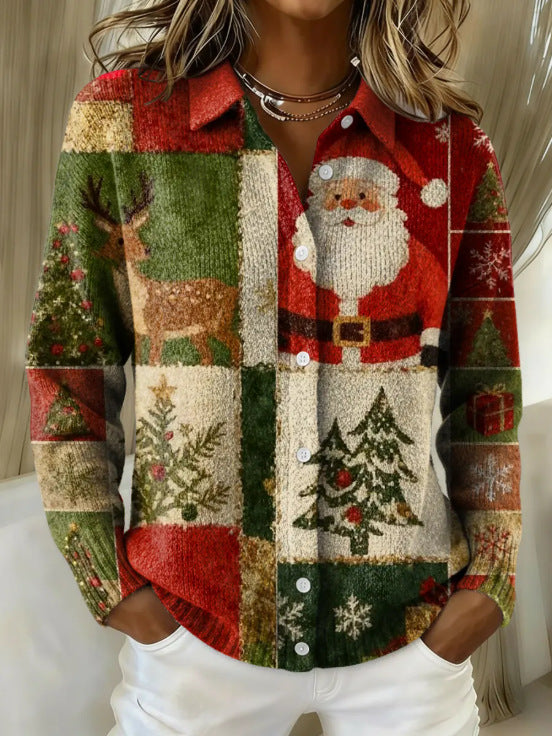 2026 New Women's Shirt, Collared Cardigan, Solid Color Knit 3D Print, Christmas Autumn/Winter
