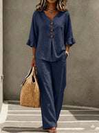 2026 Autumn/Winter New V-neck Button-up Ruffle Three-quarter Sleeve T-shirt and Trousers Fashionable Casual Two-Piece Women's Clothing