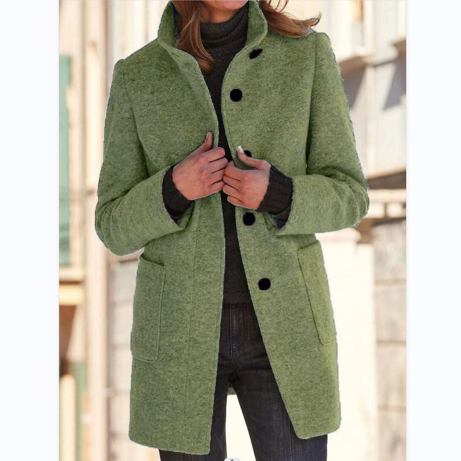 2026 Autumn/Winter Women's Clothing New Arrival Solid Color Button Stand Collar Woolen Coat