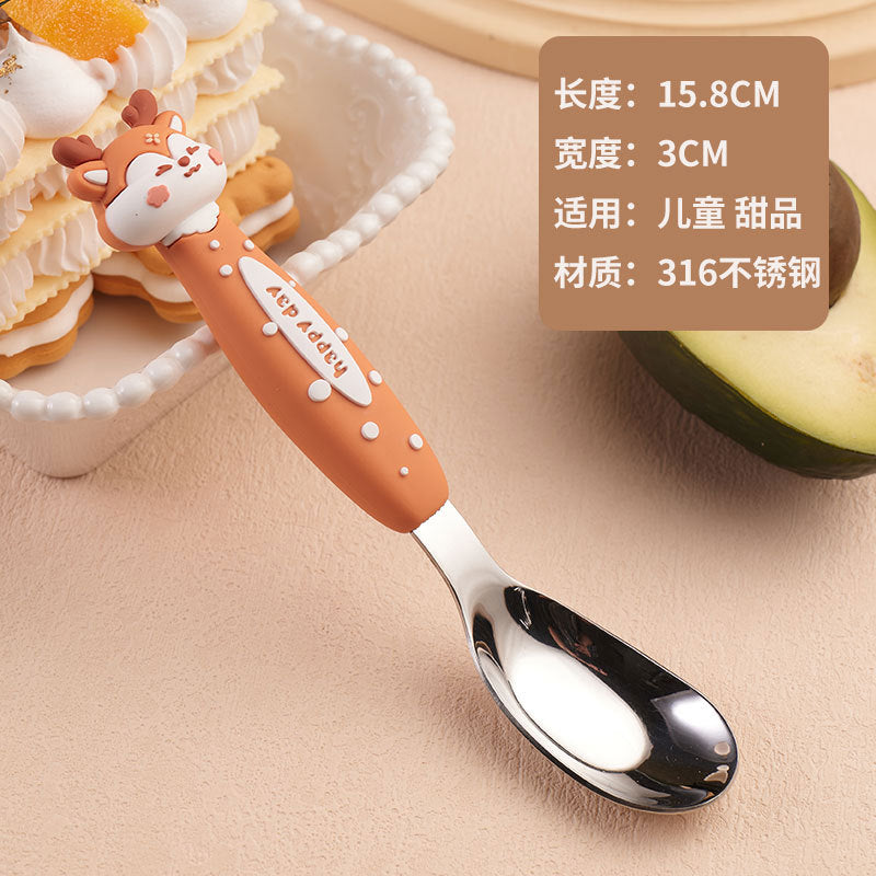 316 Cartoon Ingot Spoon Children's Stainless Steel Spoon Baby Feeding Spoon Cute Animal Spoon
