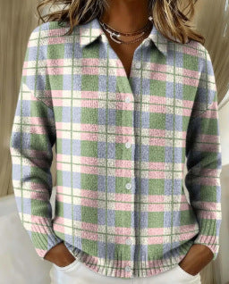 2026 New Women's Shirt, Collared Cardigan, Solid Color Knit 3D Print, Christmas Autumn/Winter