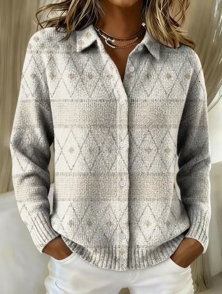 2026 New Women's Shirt, Collared Cardigan, Solid Color Knit 3D Print, Christmas Autumn/Winter