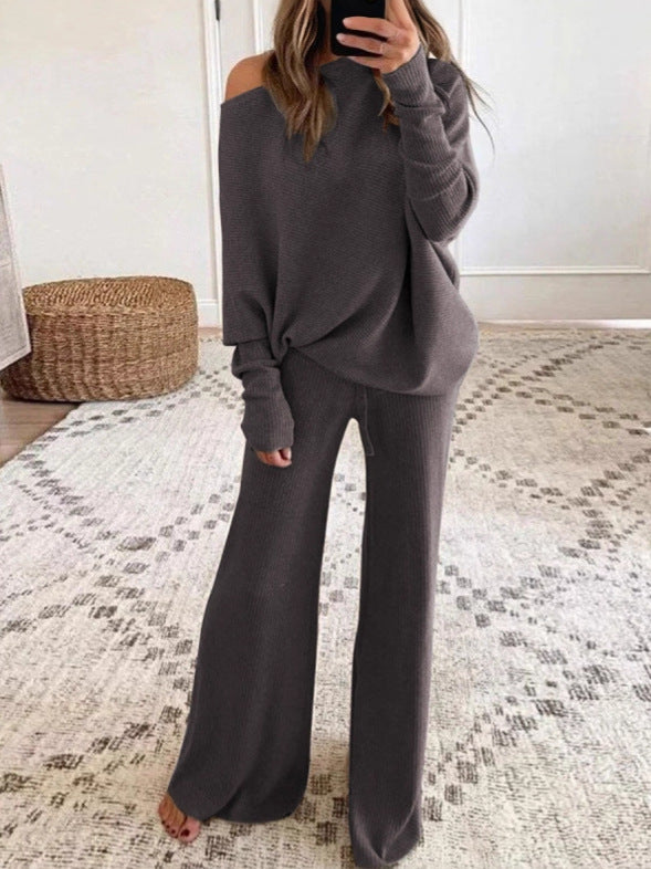 2026 Autumn/Winter Solid Color Batwing Sleeve Long Sleeve Drawstring High Waist Wide Leg Pants Knitted Two-Piece Set