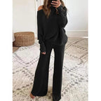 2026 Autumn/Winter Solid Color Batwing Sleeve Long Sleeve Drawstring High Waist Wide Leg Pants Knitted Two-Piece Set
