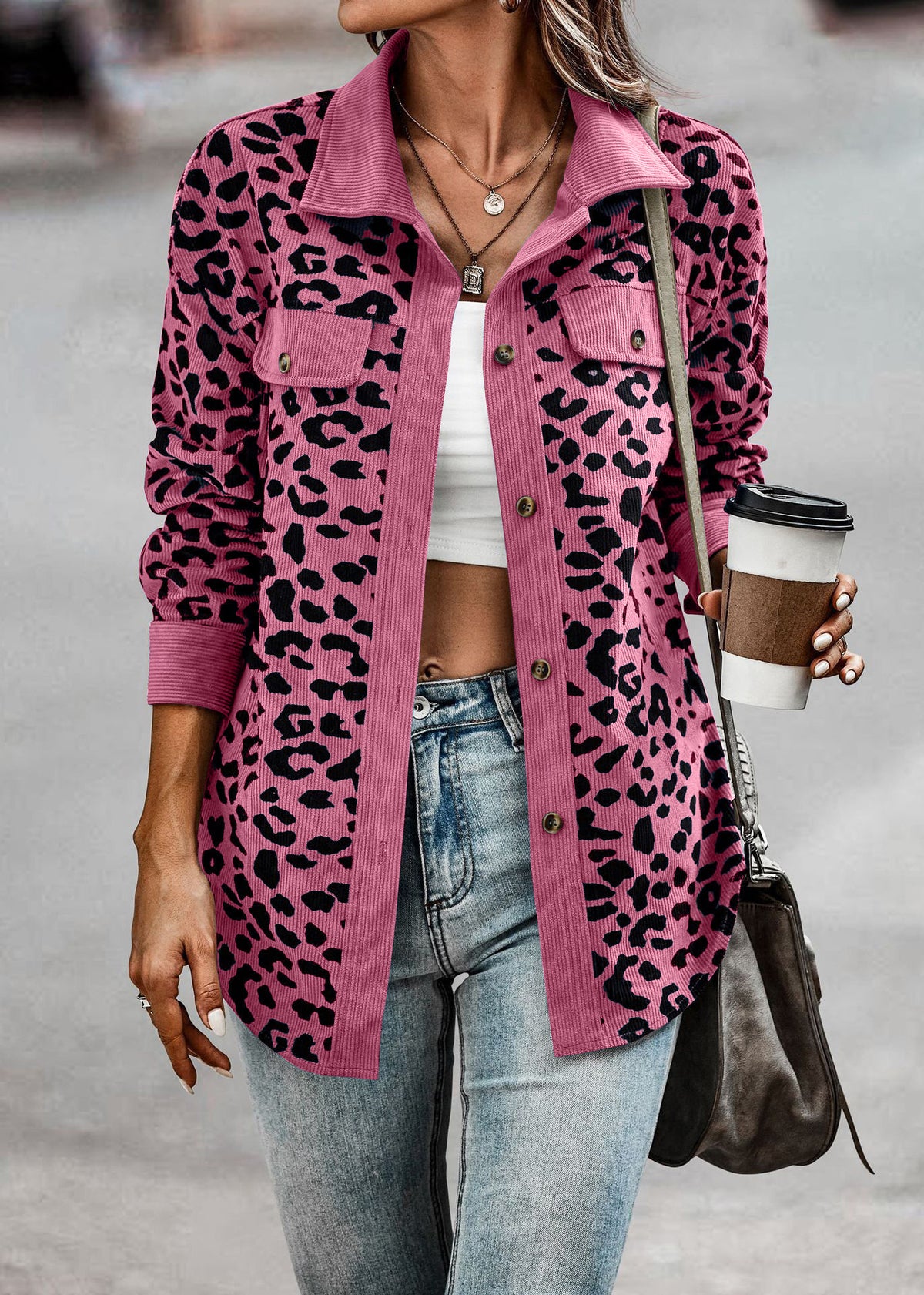 2026 Casual Style Cross-border Women's Clothing Autumn and Winter Fashion Leopard Print Button-down Long-sleeved Jacket